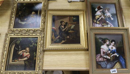 Five 19th century German oils on metal panels depicting ladies and figures in interiors, largest 19 x 15cm